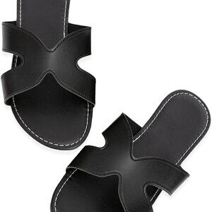 Women's Flat Slide Sandals Faux Leather Wide Width Open Toe Casual Summer